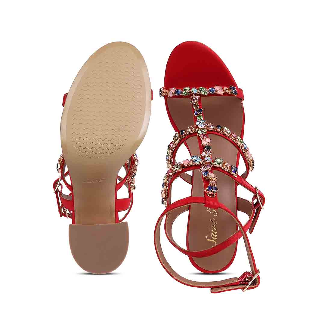 Saint Gretel Multi Stone Embellished Red Cage Block Heels