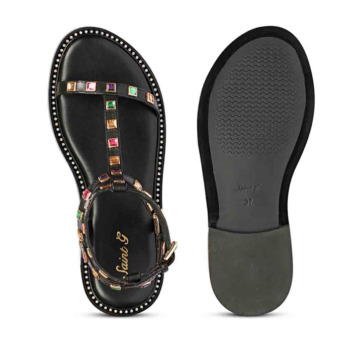 Saint Scarlett Black Leather Flat Sandal.