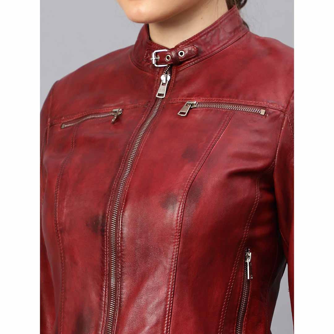 Saint Edwina Burgundy Leather Women Cafe Racer Jackets