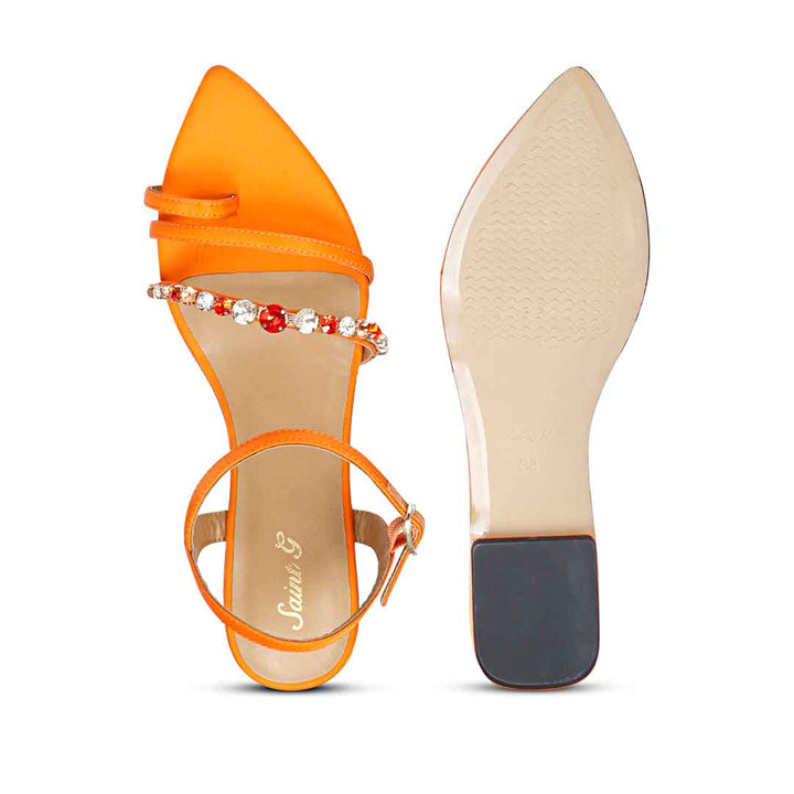 Saint Annie Stone Embellished Orange Nylon Fabric Sandals