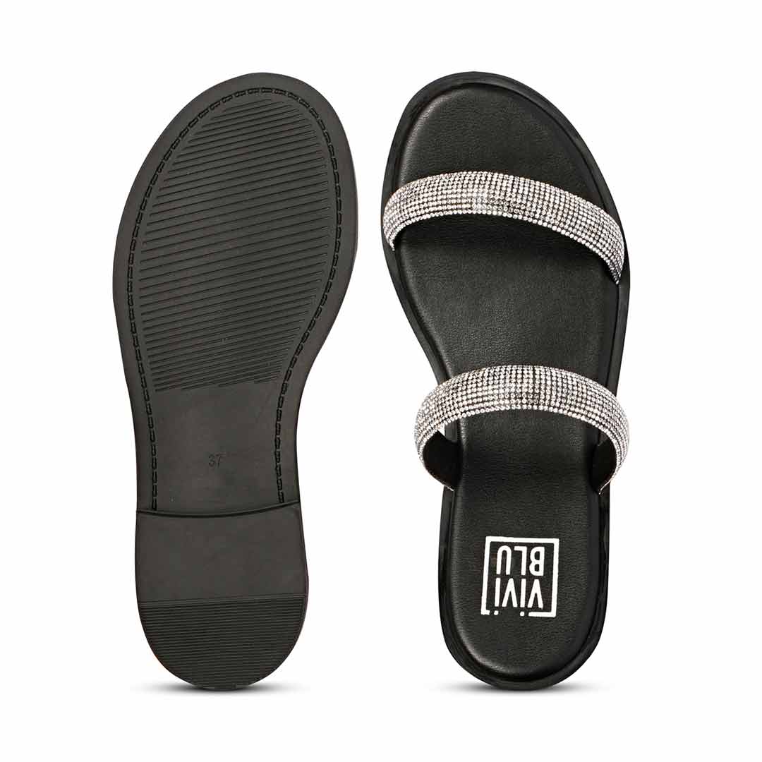 ViviBlu Zaeneb Black Leather Flat Sandals Embellished With Silver Straps