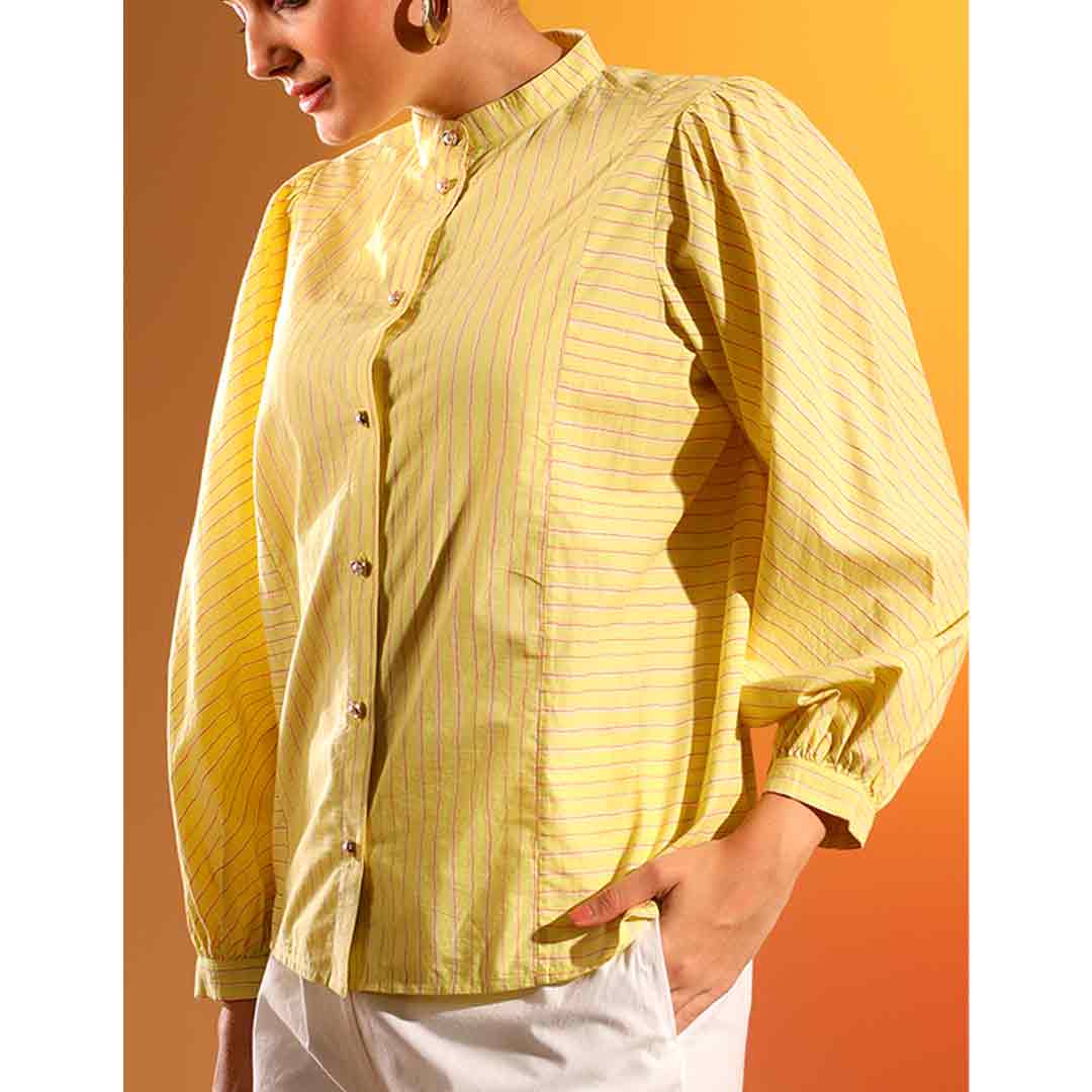 Saint Kaeloryn Womens Yellow Stripe Print On Cotton Poplin Shirt