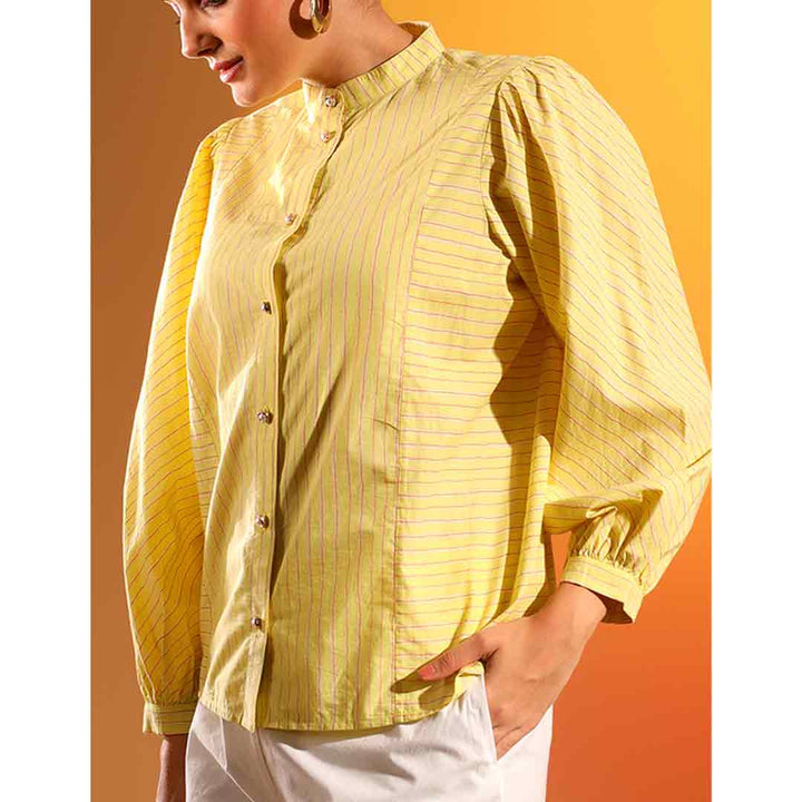 Saint Kaeloryn Womens Yellow Stripe Print On Cotton Poplin Shirt