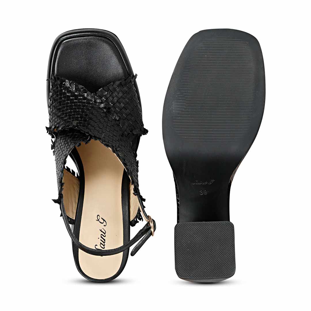 Saint Shelby Black Cross-Over Woven Leather Block Heels