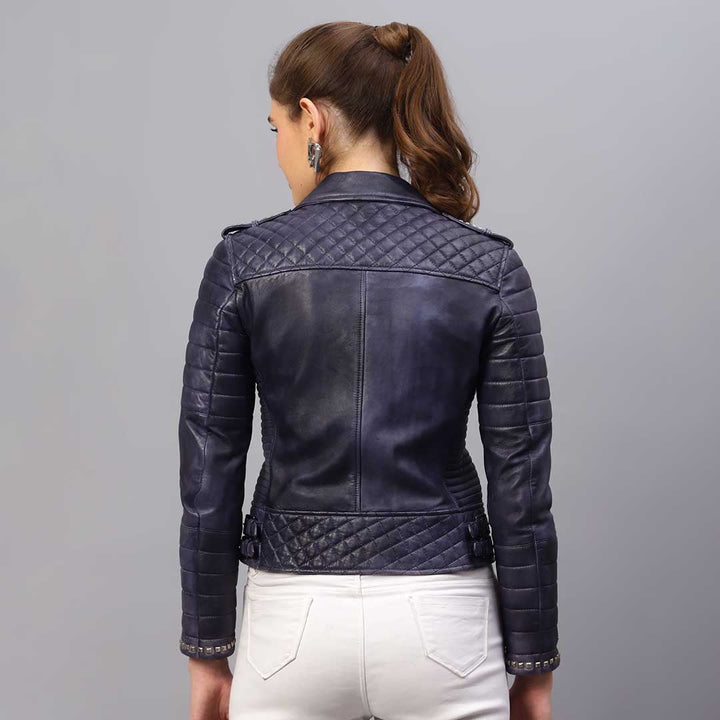 Saint Brielle Women Blue Leather Biker Style Jackets