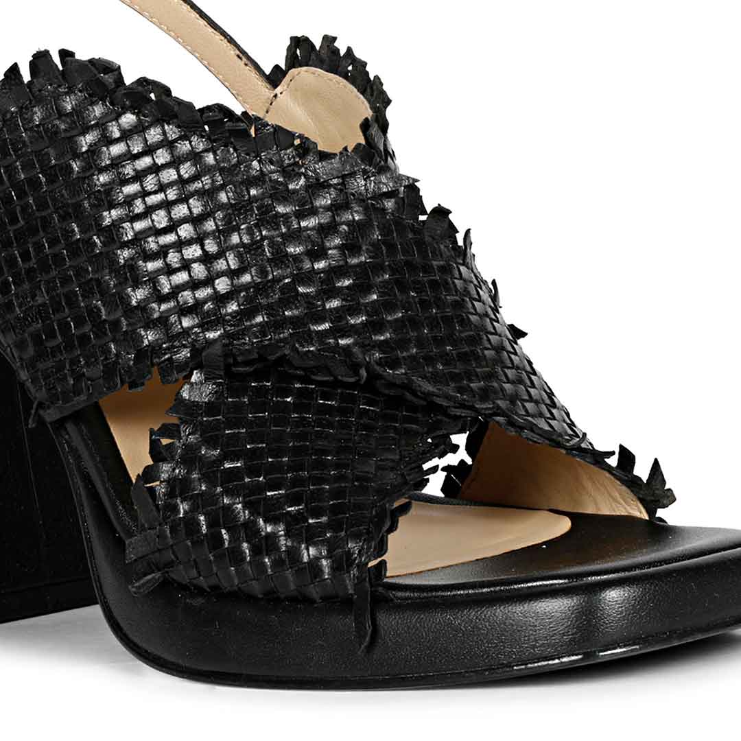 Saint Shelby Black Cross-Over Woven Leather Block Heels