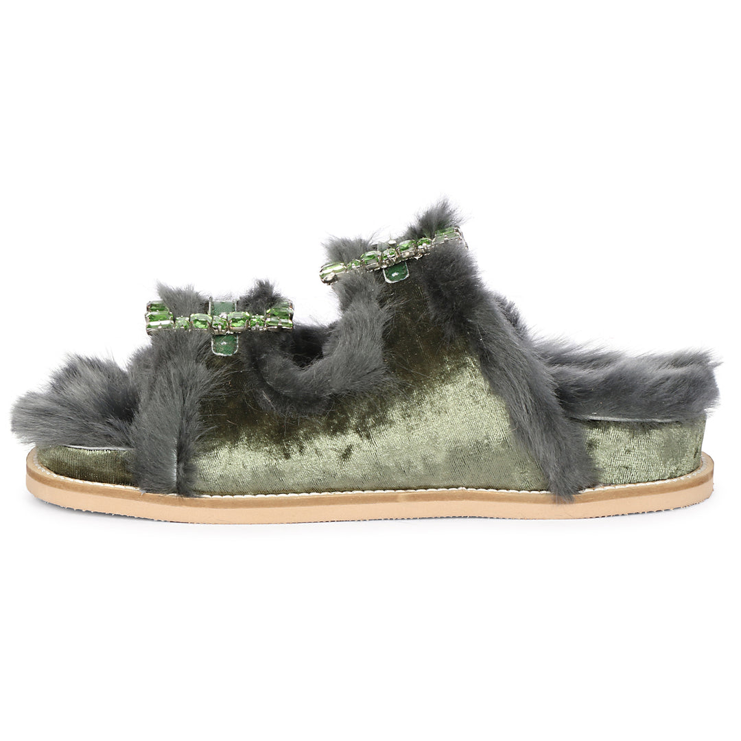 Saint Gemma Crystal Buckle Pastel Green Fur Snug Sandals