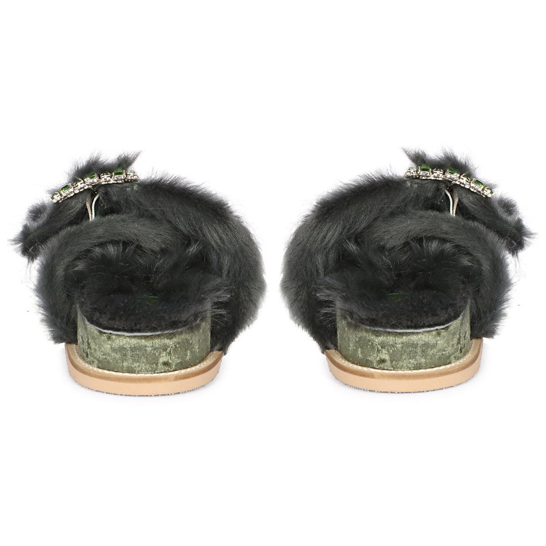 Saint Gemma Crystal Buckle Pastel Green Fur Snug Sandals