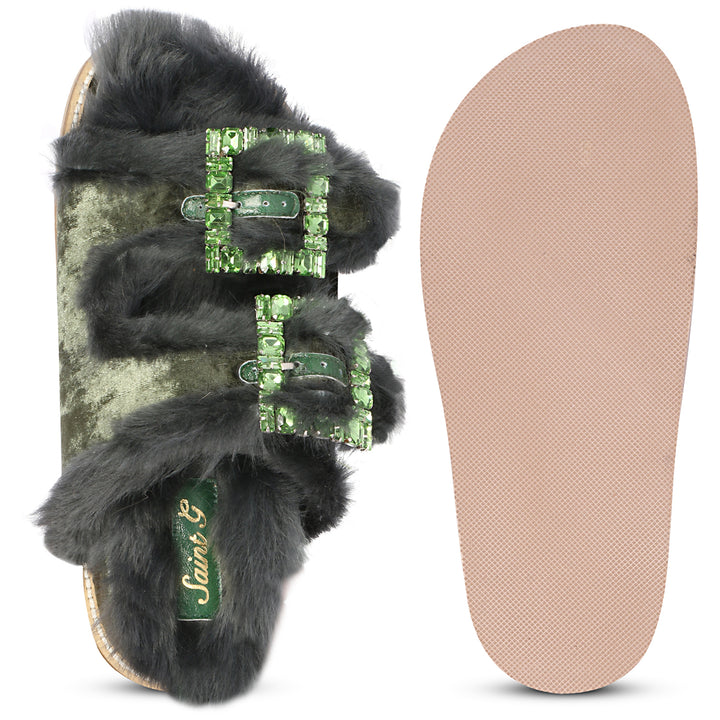 Saint Gemma Crystal Buckle Pastel Green Fur Snug Sandals