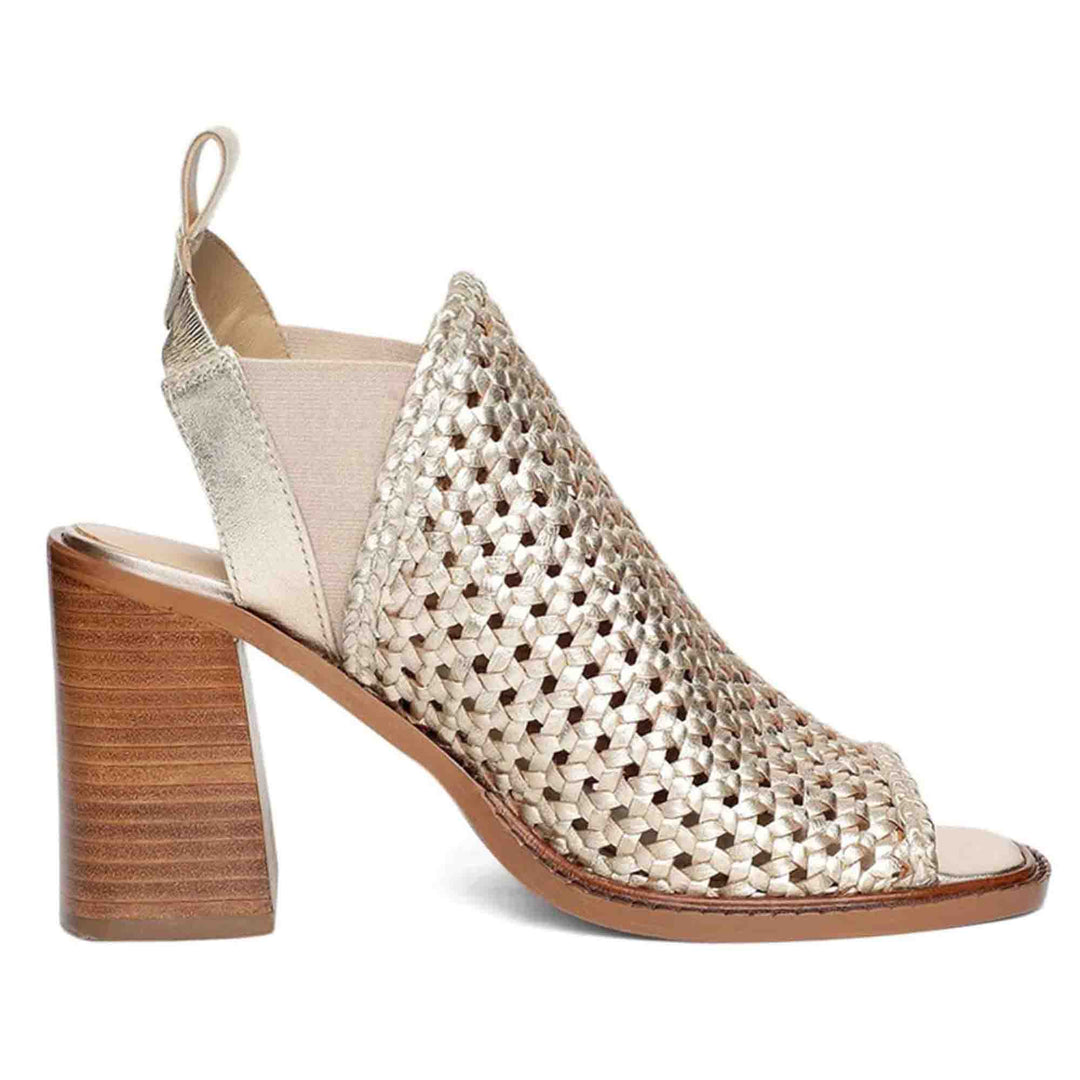 Saint Bella Gold Woven Leather Block Heels: Elegant and chic heels with intricate woven leather design