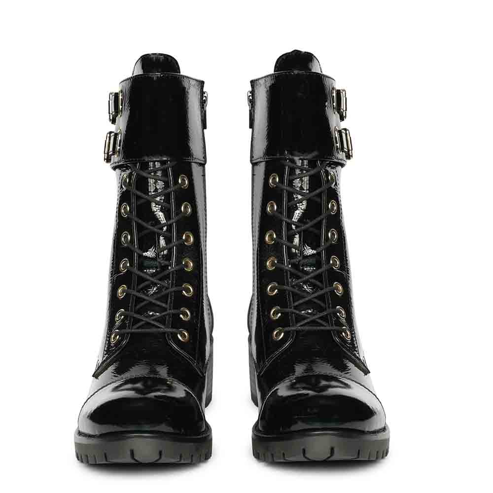 Saint Alba Black Crinkle Patent Leather Lace Up High Ankle Boots