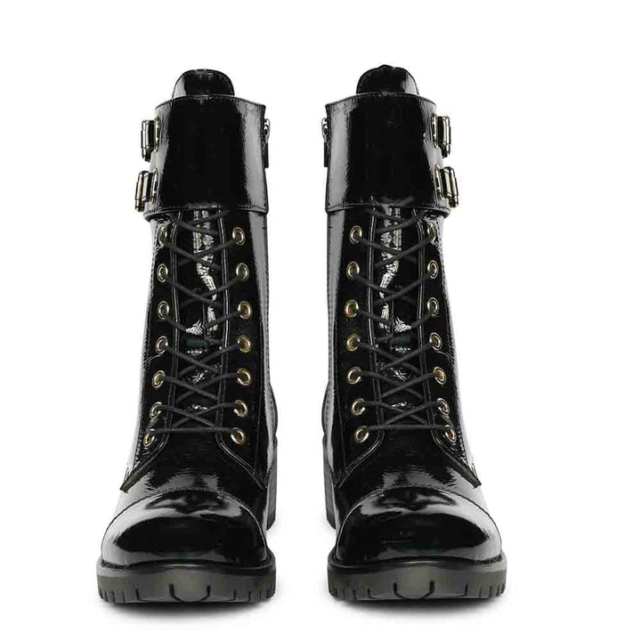 Saint Alba Black Crinkle Patent Leather Lace Up High Ankle Boots