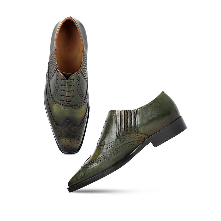 Saint Vincenzo Olive Leather Square Toe Lace Up Décor Shoes