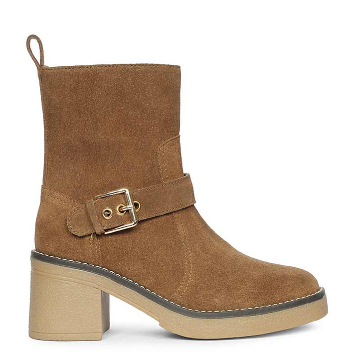 Saint Carmen Buckle Tan Suede Leather Ankle Boots
