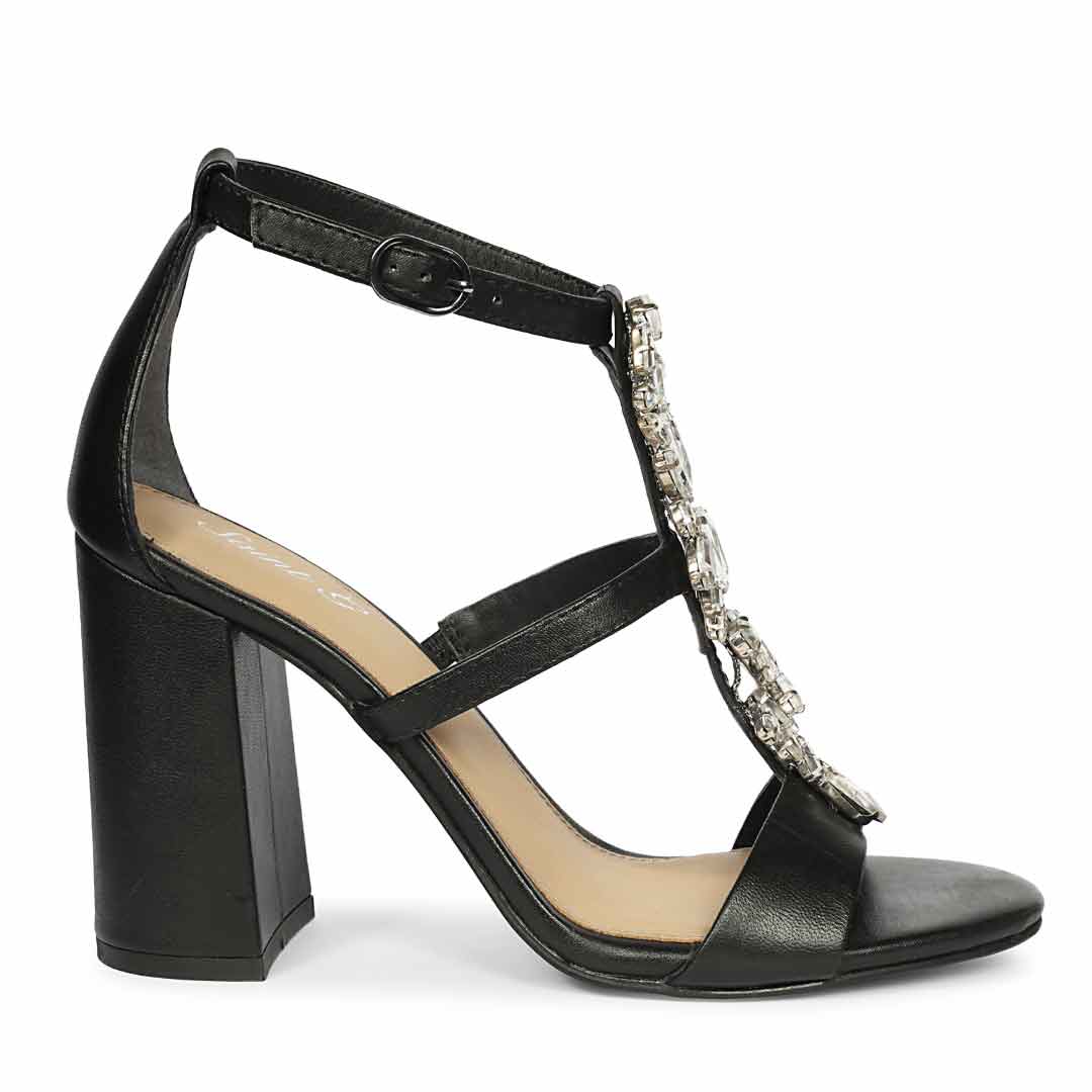 Saint Colleen Silver Stone Metallic Black Leather Block Heels
