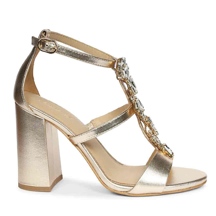 Saint Colleen Silver Stone Metallic Gold Block Heels