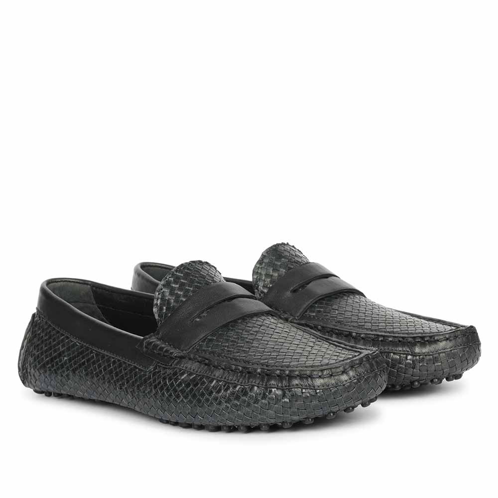 Saint Lennox Navy Handwoven Leather Saddle Loafers