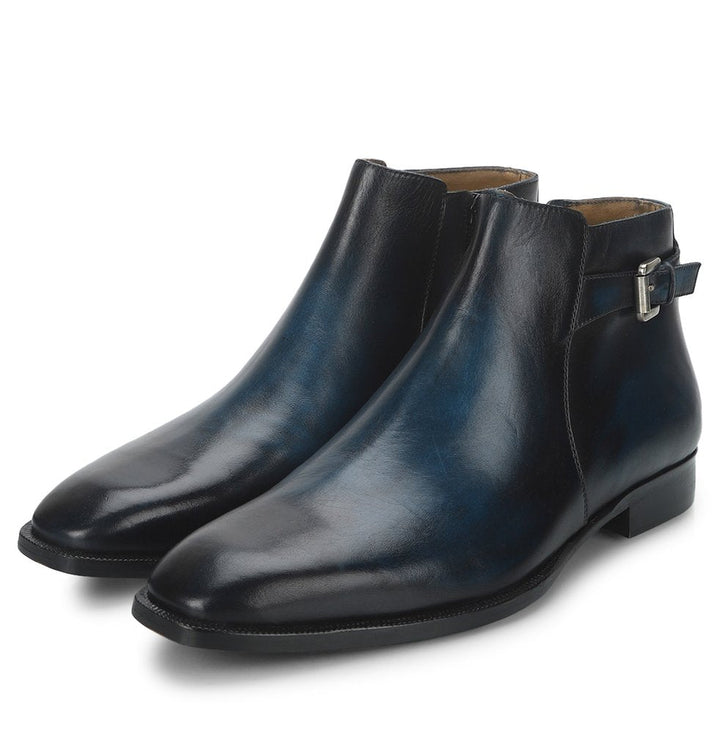 Saint Jace Dark Blue Two Color Toned Leather Ankle Boots With Set - SaintG India