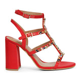 Saint Gretel Multi Stone Embellished Red Cage Block Heels