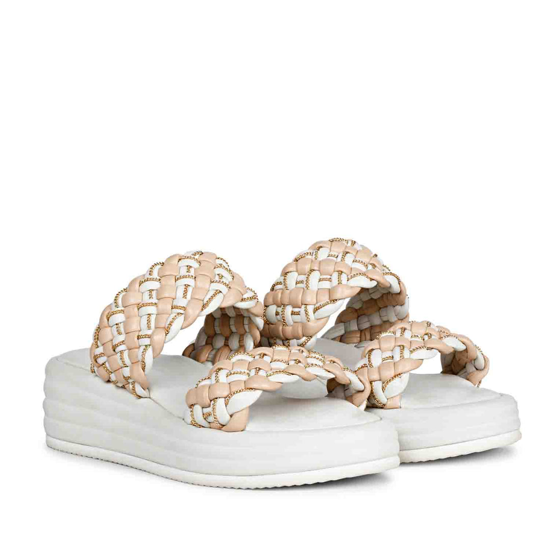 Step into style with Saint Flurina Chain Beige Sandals - Woven leather, platform, and fashionable chain detail.