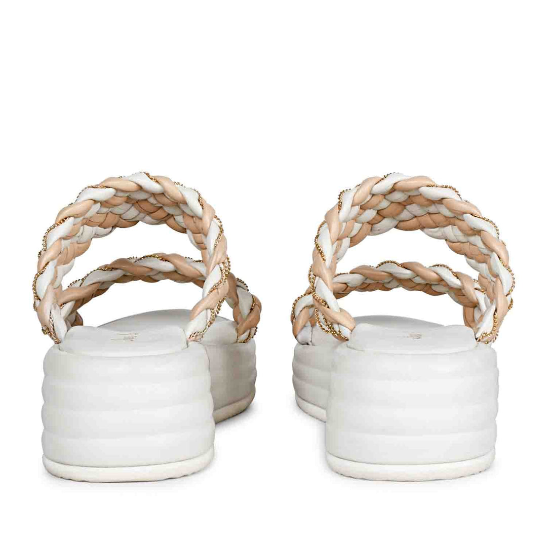 Step into style with Saint Flurina Chain Beige Sandals - Woven leather, platform, and fashionable chain detail.