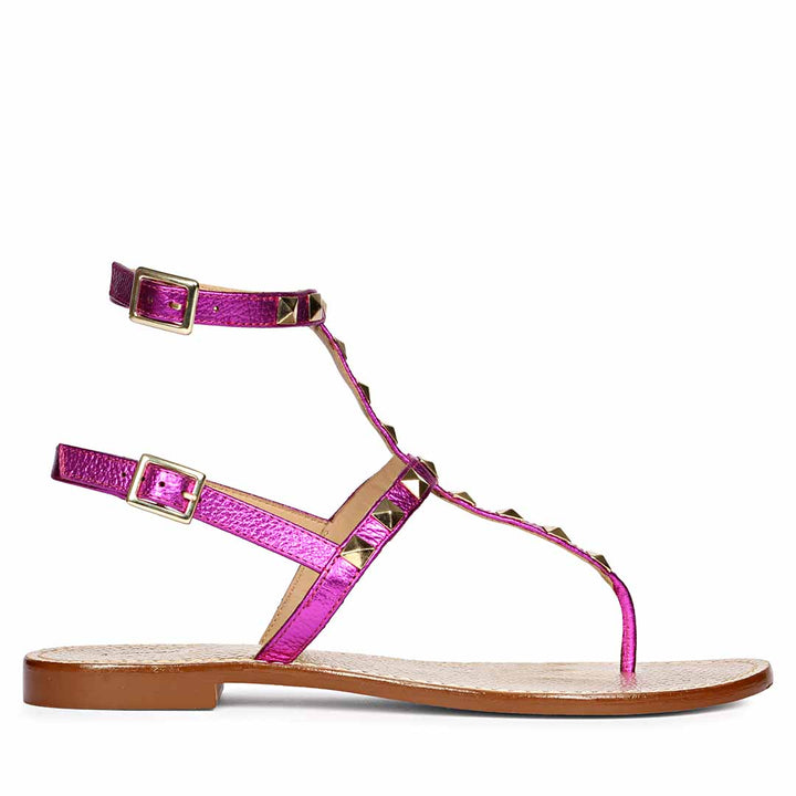 Saint Irene Hot Pink Leather Metal Studded Flat Sandals