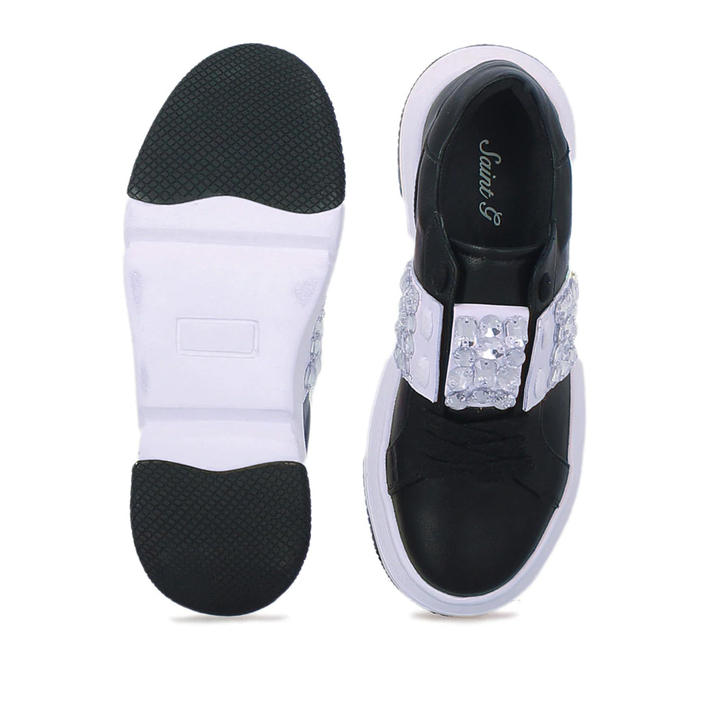 Saint Joanna Crystal Black Leather Sneakers: Elegant, comfortable footwear with a touch of sparkle, perfect for any occasion