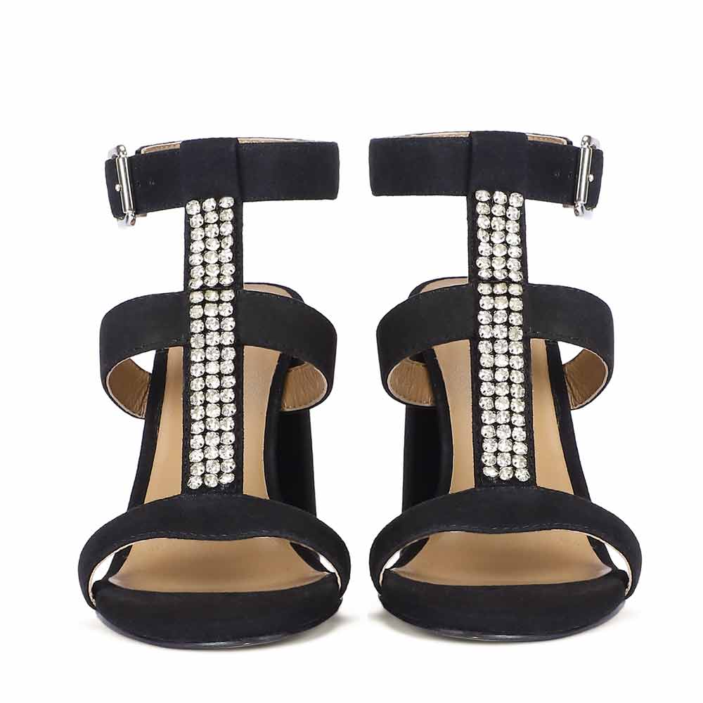 Saint Silvia Jewel Stone Decor Black Suede Leather Heels