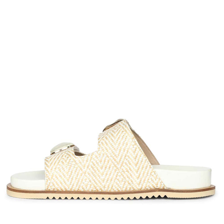 Saint Oren Off White Stone Jeweled Raffia Leather Sandals