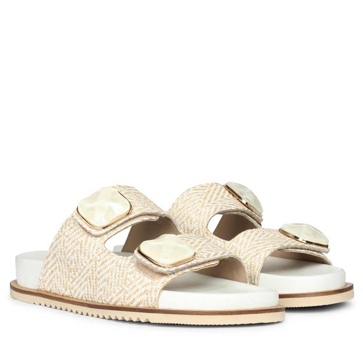 Saint Oren Off White Stone Jeweled Raffia Leather Sandals