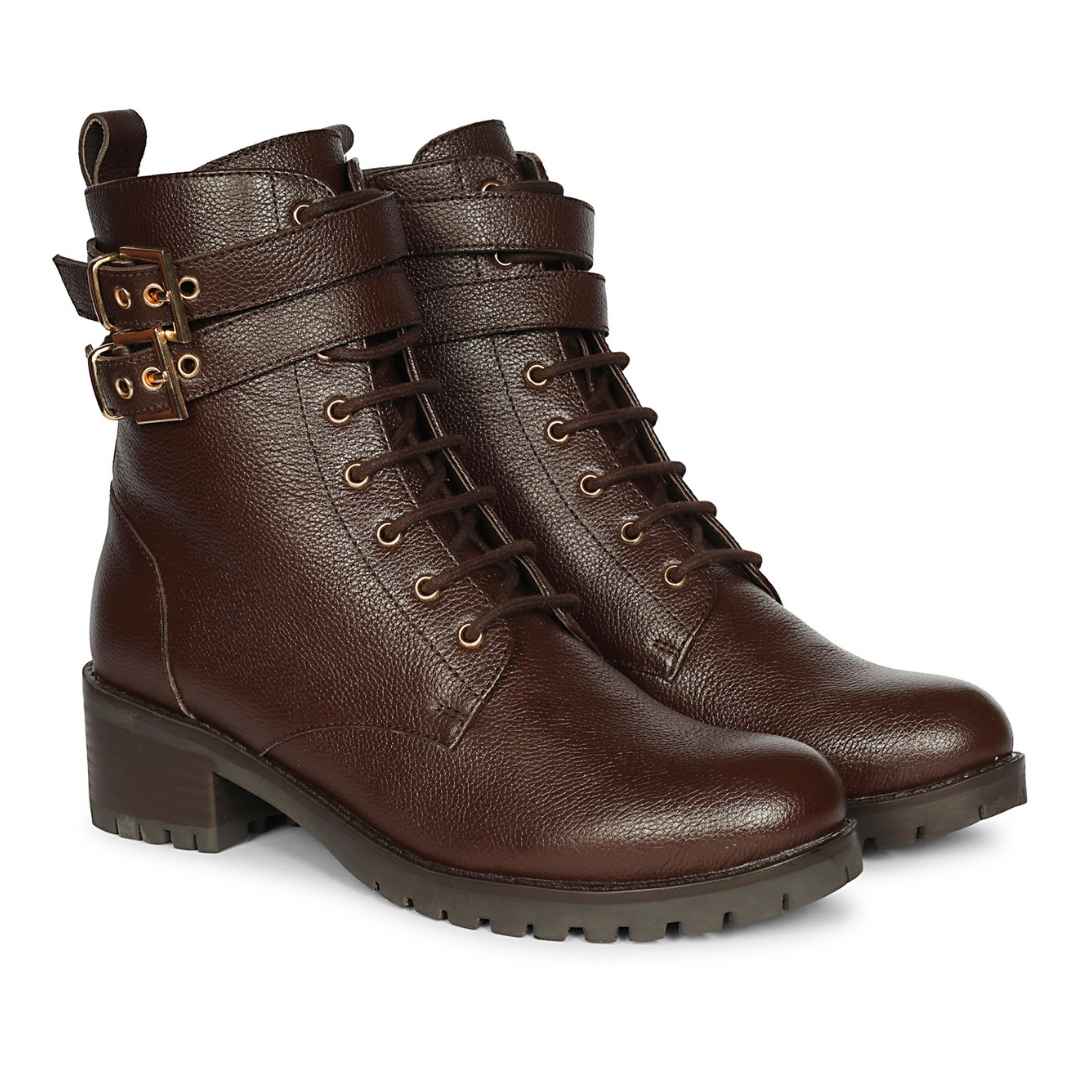Saint Lucero Buckle Decor Brown Leather High Ankle Boots