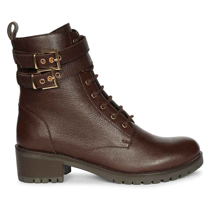 Saint Lucero Buckle Decor Brown Leather High Ankle Boots