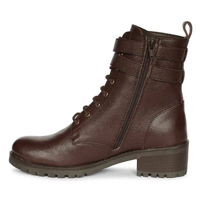 Saint Lucero Buckle Decor Brown Leather High Ankle Boots