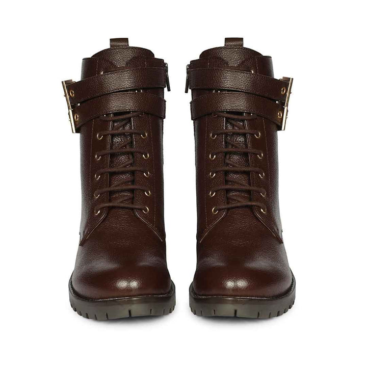 Saint Lucero Buckle Decor Brown Leather High Ankle Boots