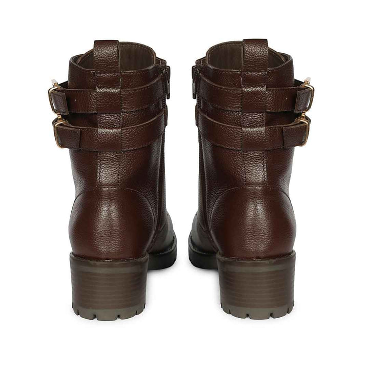 Saint Lucero Buckle Decor Brown Leather High Ankle Boots