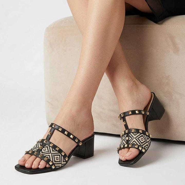 Saint Zafira Pyramid Stud Raffia Black Leather Block Heels