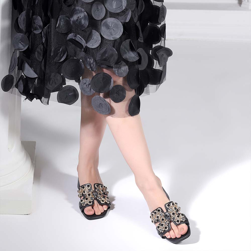 Saint Fiorenza Stone Embroidered Black Leather Block Heels