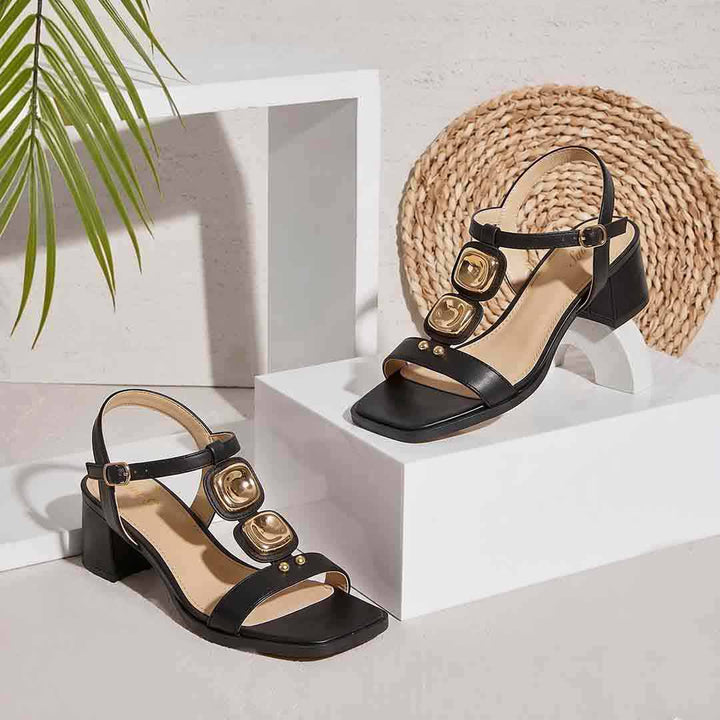 Saint Zoriel Gold Trim Black Leather Block Heels