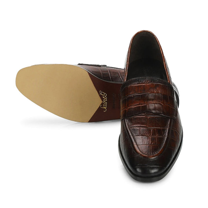 Saint Ansprand  Brown Croco Embossed Leather Loafers