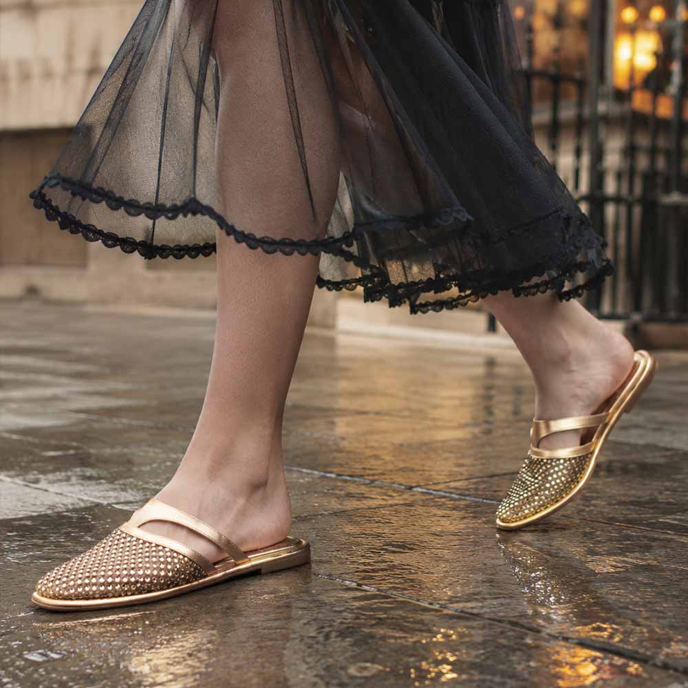 Saint Nerissa Crystal Mesh Gold Leather Mule Flats