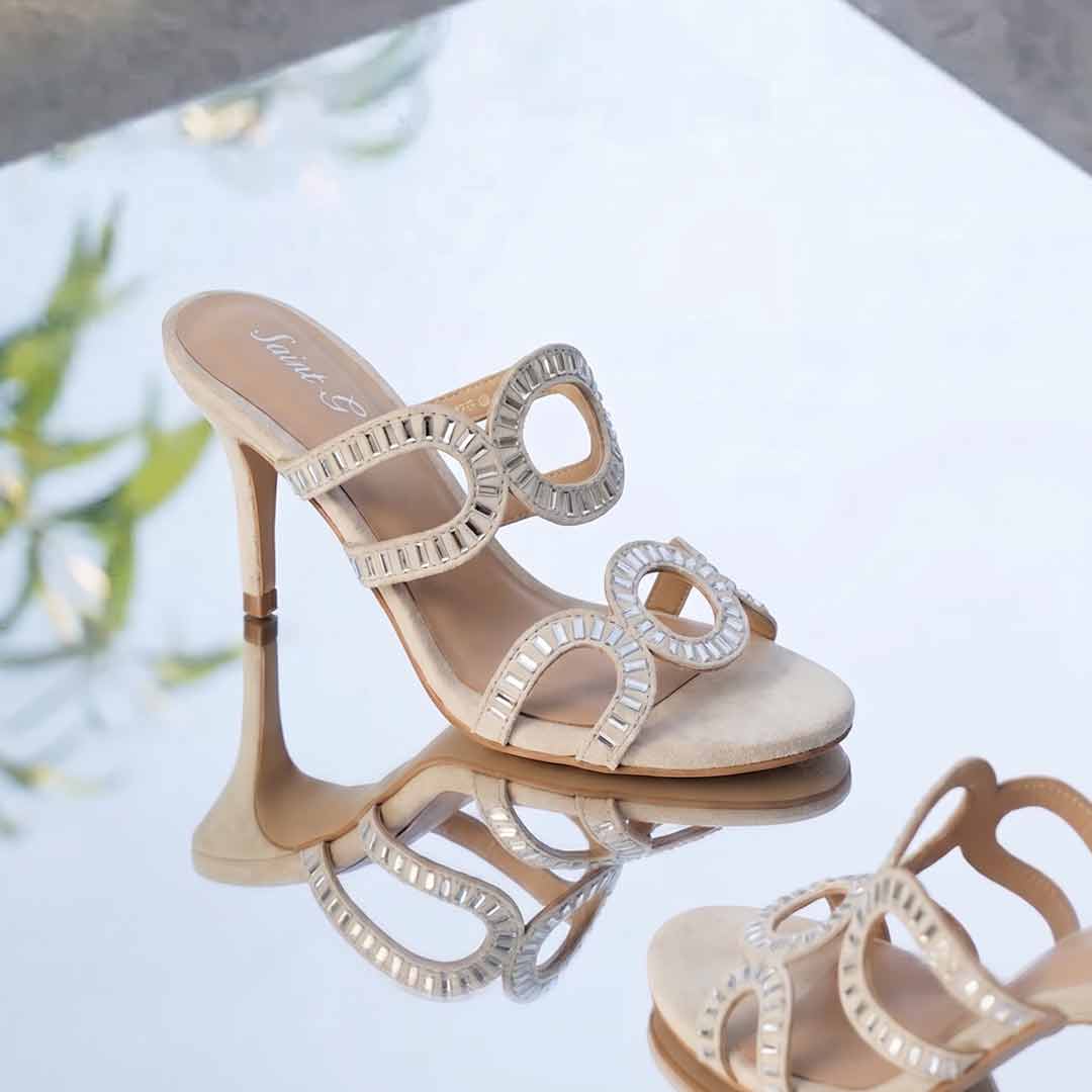 Saint Peyton Ivory Mirror Embellished Suede Heels