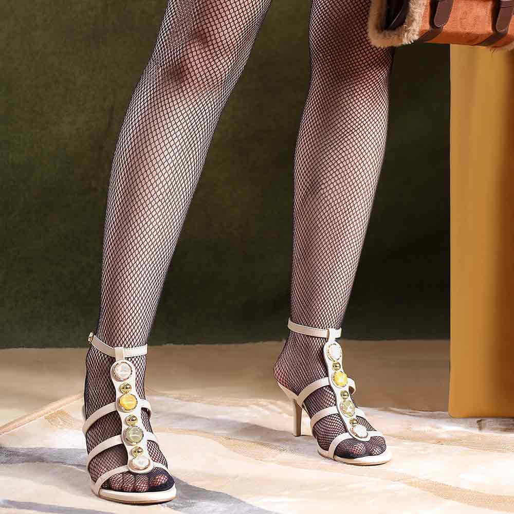 Saint Xiomara Gem T-Strap Off White Leather Stilettos