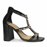 Saint Holly Crystal Stone Black Leather Block Heels