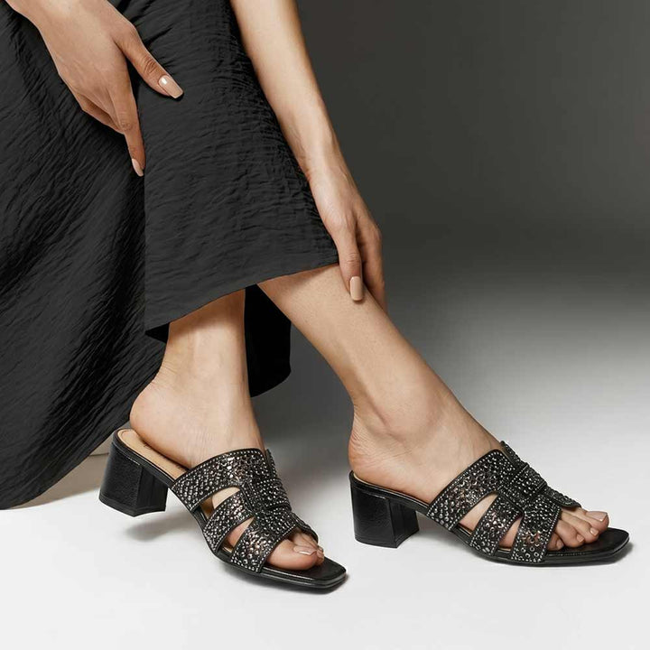 Saint Stevie Crystal Black Leather Block Heels