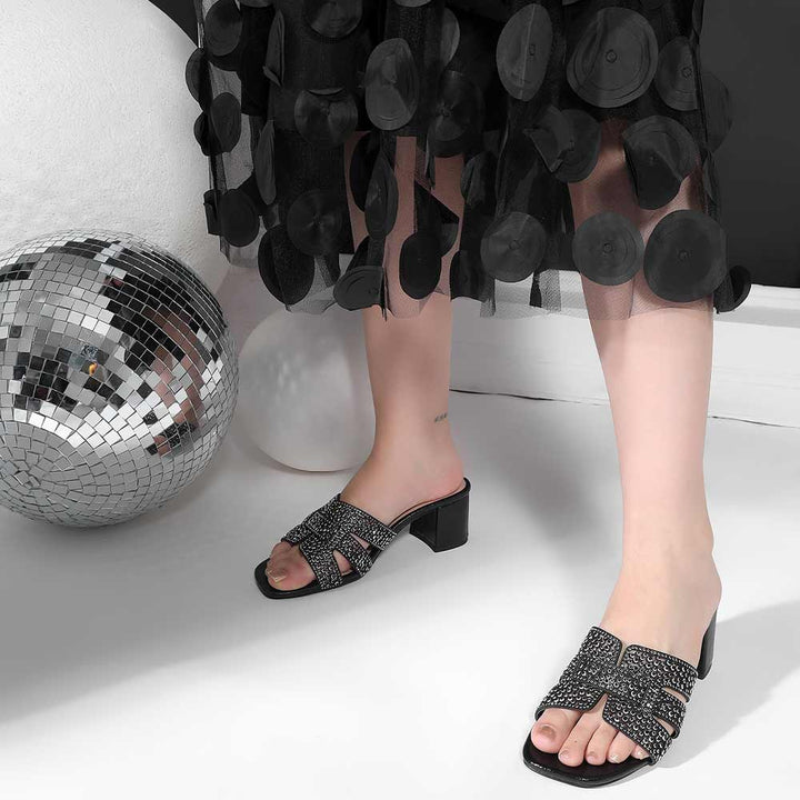 Saint Stevie Crystal Black Leather Block Heels