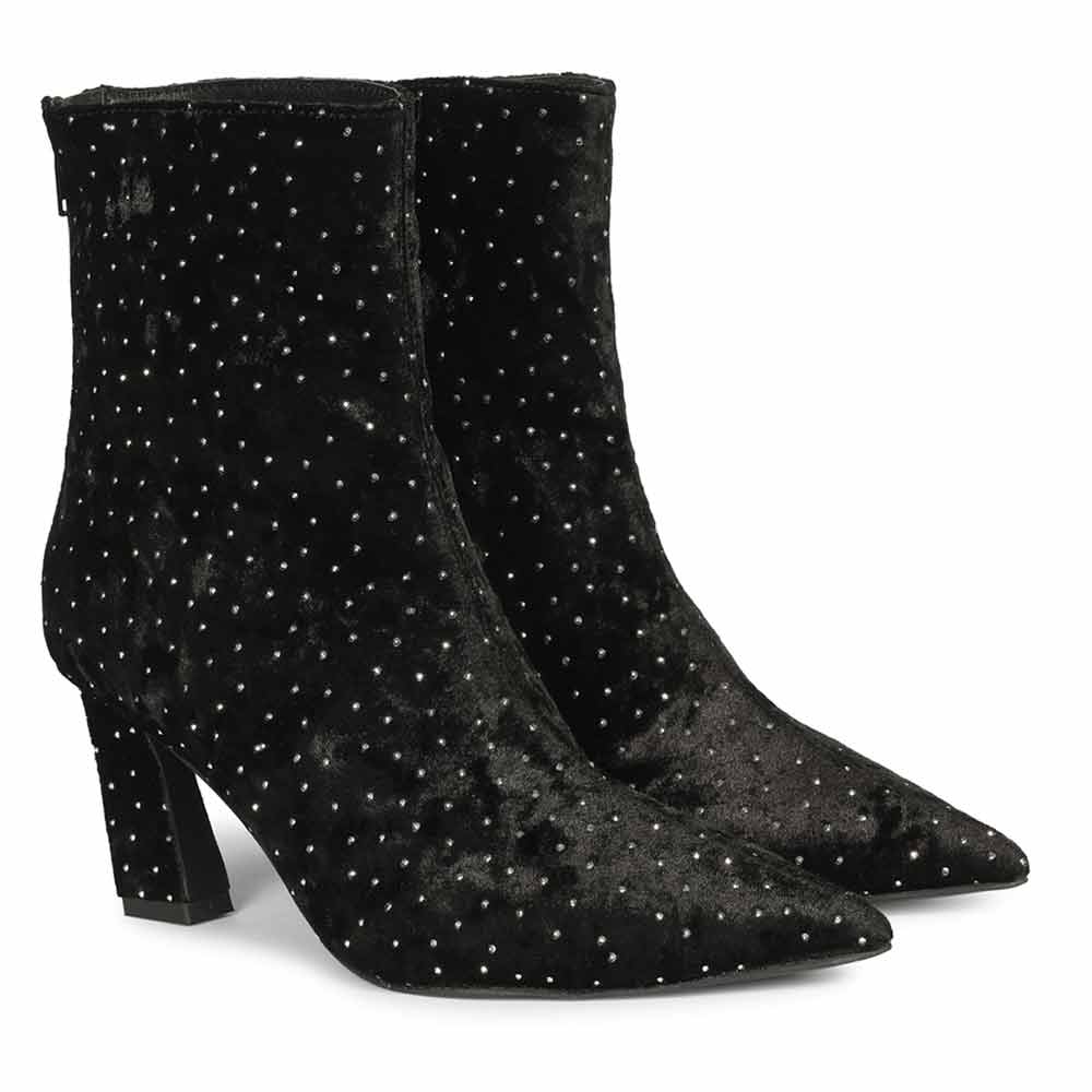 Saint Yara Black Velvet Strass Ankle Boots