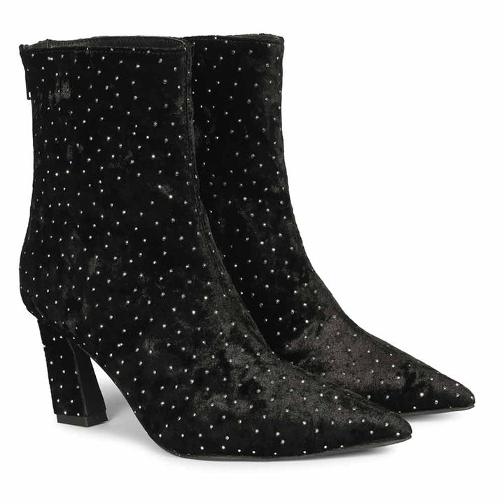 Saint Yara Black Velvet Strass Ankle Boots