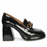 Saint Isadora Black Crinkle Patent Chain  Block Heel Moccasins