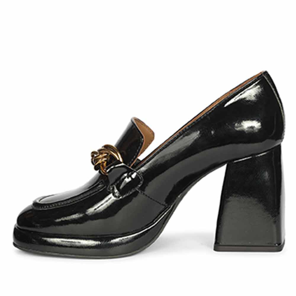 Saint Isadora Black Crinkle Patent Chain  Block Heel Moccasins