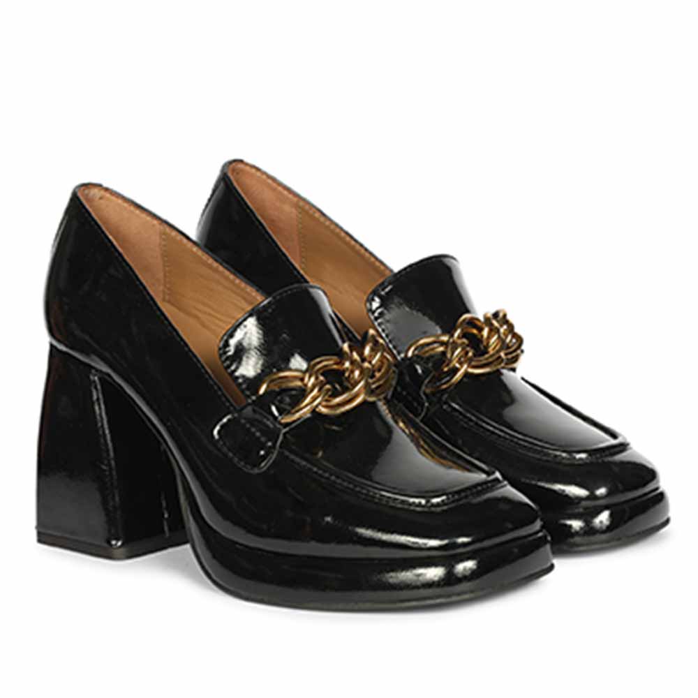 Saint Isadora Black Crinkle Patent Chain  Block Heel Moccasins